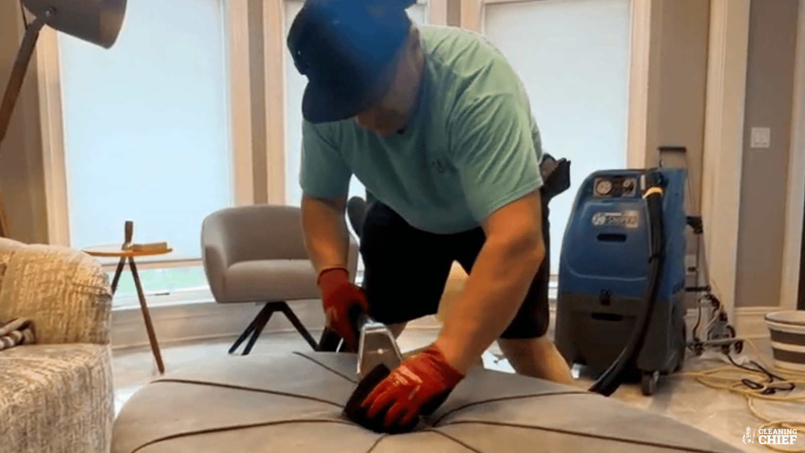 Couch steaming with professional carpet extractor and brushing of couch in Manhattan appartment