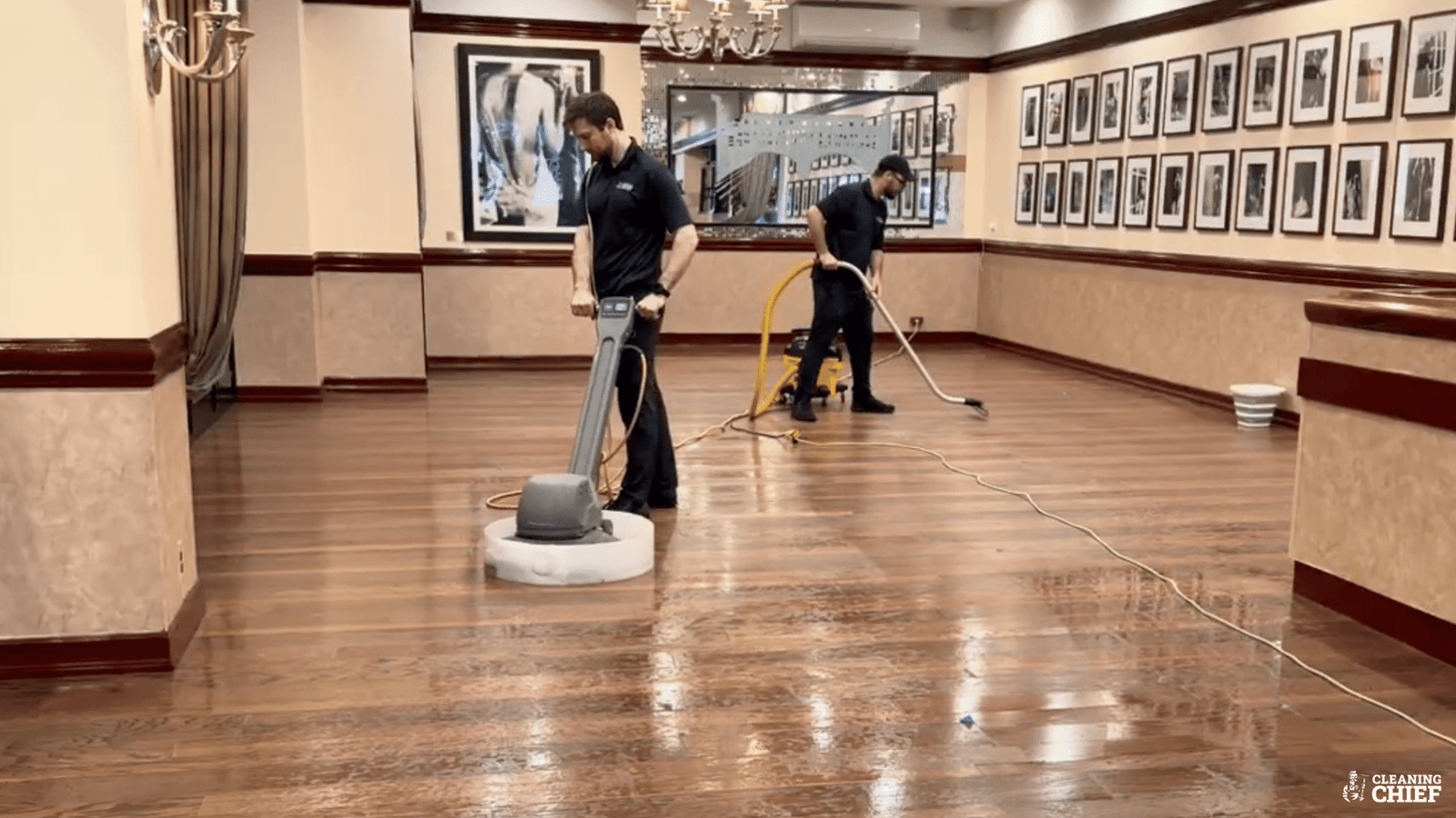 Hardwood floor buffing in NYC Restaurant with commercial buffer to clean and wax the floors