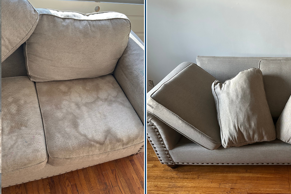 Before and after of linen couch steam extraction—stains removed and fabric restored.