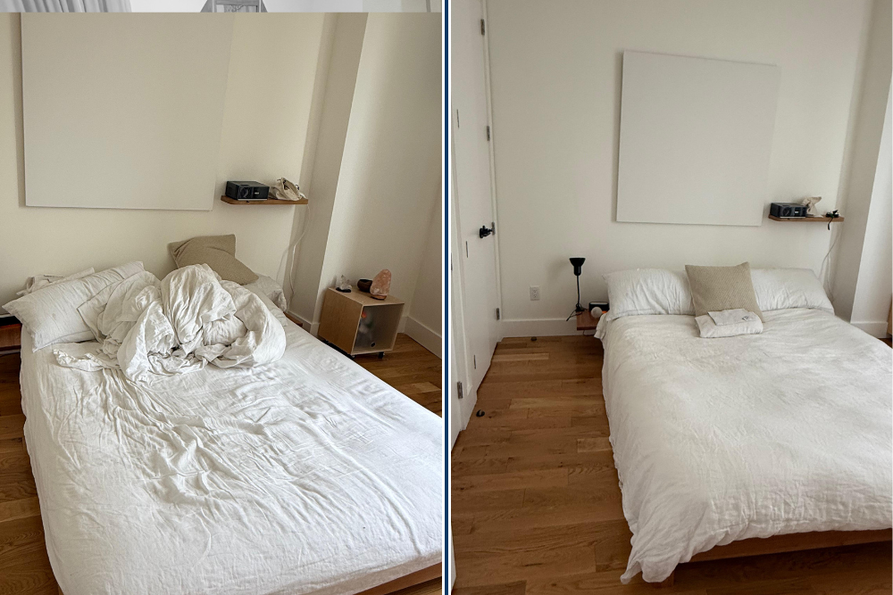 Maid service transforming messy bed into hotel-grade tidy appearance.