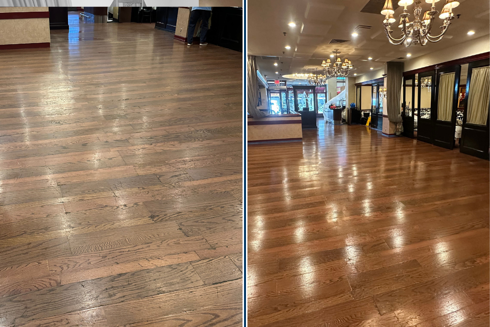Before and after hardwood refinishing in Manhattan restaurant—transformation from dull floors to high-gloss luxury finish.