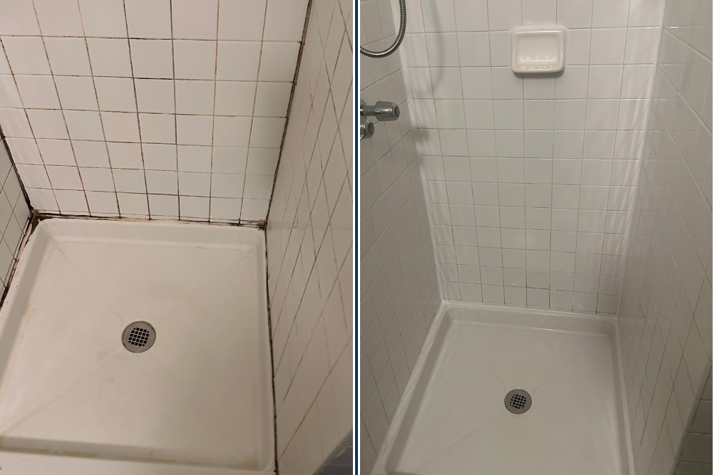 Before and after hardwood refinishing in Manhattan restaurant—transformation from dull floors to high-gloss luxury finish.